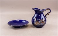 Vintage Cobalt Porcelain Peacock Bowl & Pitcher