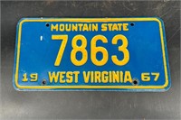 1967 WEST VIRGINIA LICENSE PLATE #7863