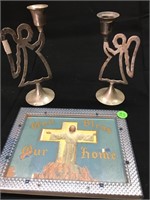 2 Angel Candle Holders and Religious Picture