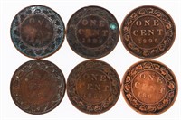 Group of 6 Canada Large One Cent Coins - 1800's