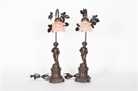 Bronze Finish Cherub Lamps w/ Rose Shaped Shade