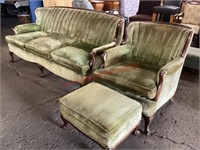 Antique Green Sofa, Chair & Ottoman