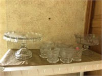 Coin glass cake plate, compote & 8 glasses