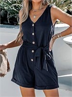 Women's V Neck Belted Button Romper