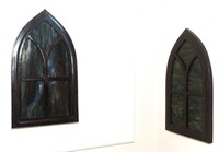 Pair Metal Arched Stained Glass Panels