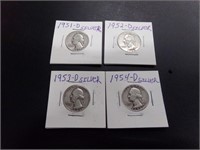 4 silver quarters 1951d-1952d-1953d-1954d