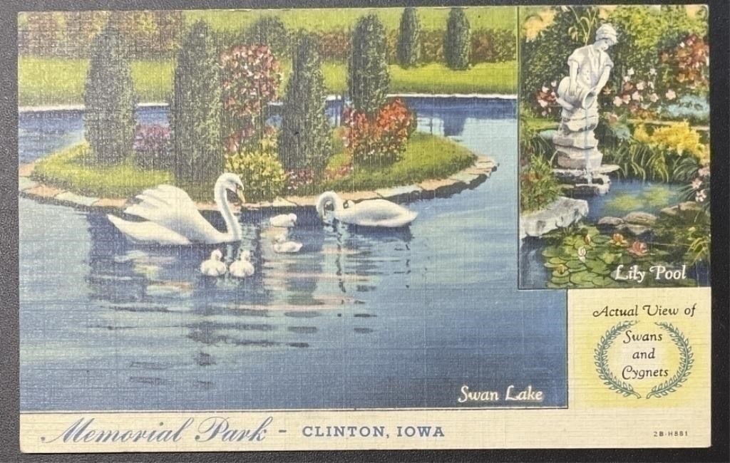 Vintage Clinton Iowa Swan Lake PPC