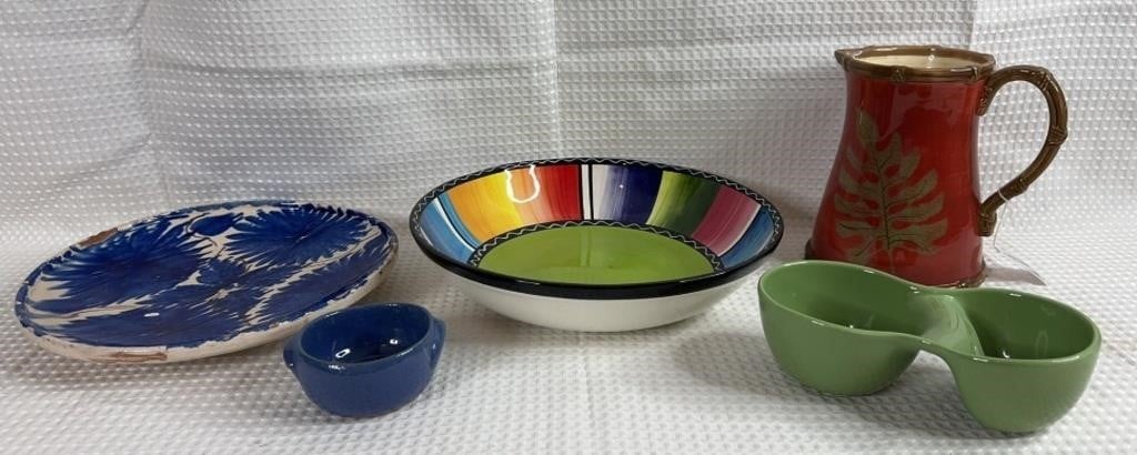 Multi-Colored Ceramic Pottery Pitcher, Bowls &