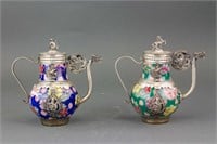 Pair Chinese Cloisonne and Silver Teapot
