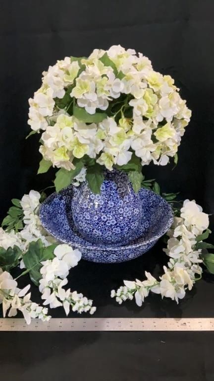 Floral bowl and pitcher with faux flowers