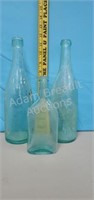 3 vintage unmarked blue green glass bottles