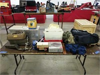 Table Lot Of Bags Toolbox Boat Winch Xcetera As