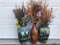 3 NATURE THEMED VASES W/ FAUX FLORAL ARRANGEMENTS