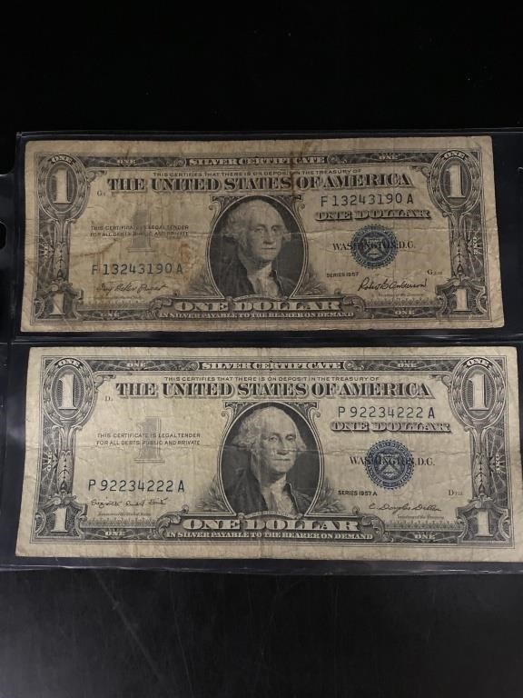 (2) One Dollar Silver Certificates, Series 1957 +