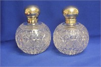 Set of 2 Sterling Top Cut Glass Perfume Bottles