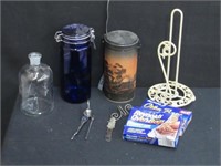 Blue Glass Canister, Glass Jug Tea Tin & More