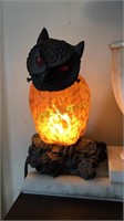 Halloween owl lamp, molded feather amber glass