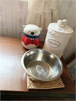 DOG BISCUIT CANISTER, PAINT WEAR, DOG BOWL, POLAR