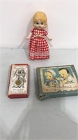 1890 porcelain doll-5” and antique  bottles for