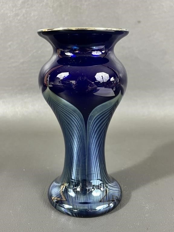 Vtg Correia Blue Pulled Feather Art Glass Vase