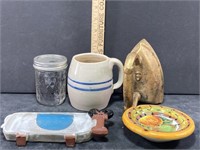 Vintage Cast Iron, Pottery AshTray, Small Jar,