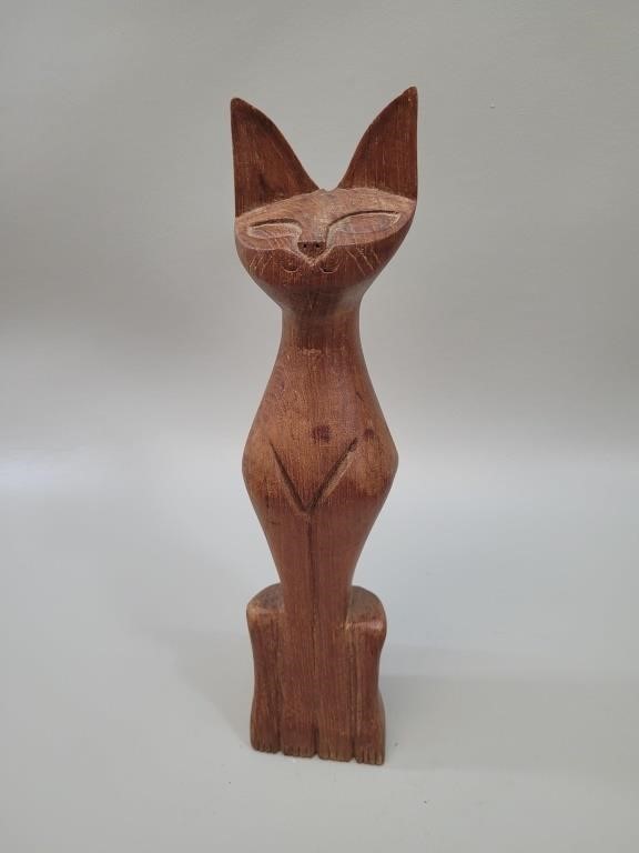 Folk Art Hand Carved Wood Cat Sculpture