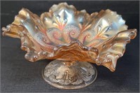 SWEET 1930'S PATTERNED CARNIVAL GLASS COMPOTE
