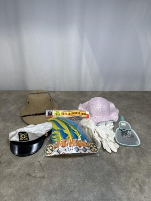 Assortment of hats, gloves, and mirrors