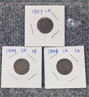 3-  Indian Head Pennies 1907-1909