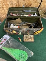 Very old fishing tackle and metal tackle box