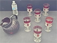 (6) diamond point ruby red glasses & pitcher