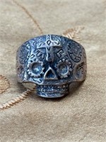 MEXICAN AZTEC STERLING SILVER SKULL RING SZ 8