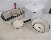 Vintage Enamel Coated Pots and Pans. White with