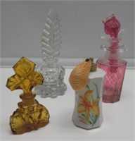 4 GLASS PERFUME BOTTLES 4-1/2" - 7" VERY NICE.