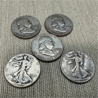 5 Mixed Franklin & Walking Liberty Half Dollars