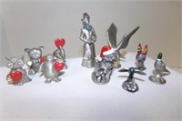 pewter animals with hearts; birds; vintage woman