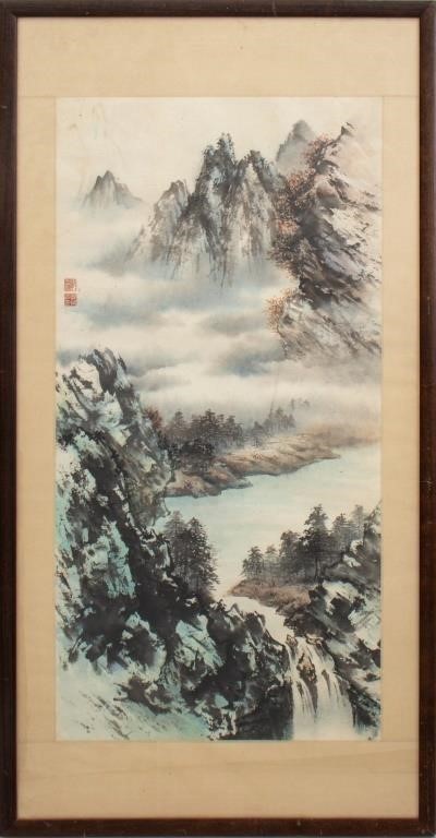 Chinese Mountain Landscape Watercolor on Paper