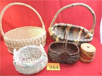 Four Vintage Wicker Baskets & Lidded Wood Basket