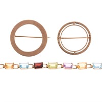 A Pair of Circle Brooches and Gemstone Bracelet