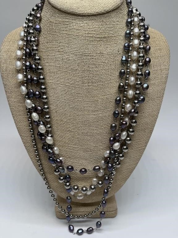 24in Stainless Steel & Pearl Multi-Strand Necklace