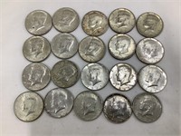 (20) 40% Silver Kennedy Half Dollars, 1965-68