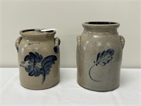 2 Blue Decorated Stoneware Crocks