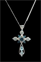 Sterling Silver Diamond Blue Topaz Cross Necklace