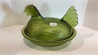 Nesting hen green glass candy dish 7 inches long