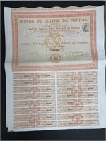 Mines de Cuivre du Ferrol, stock certificate, 1907