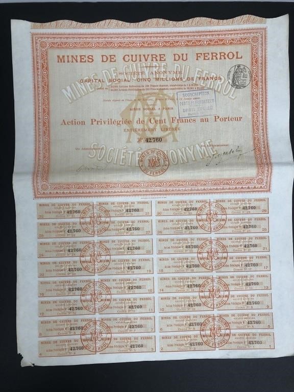 Mines de Cuivre du Ferrol, stock certificate, 1907