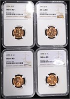 (2) 1954-S & 55-D, 58-D LINCOLN CENTS NGC MS66 RD