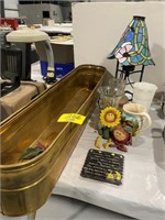 BRASS PLANTER, STAINED GLASS LAMP, FLOWER & APLLE