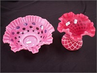 Two pieces of cranberry opalescent glass: 6"