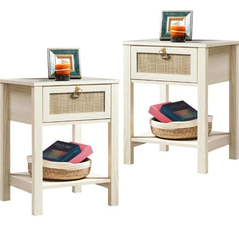 ($176) SICOTAS White Nightstand Set of 2,Rattan